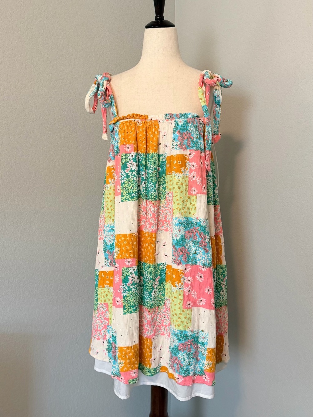 In February Floral Patchwork Smocked Tie-Strap Mini sundress- Size Medium